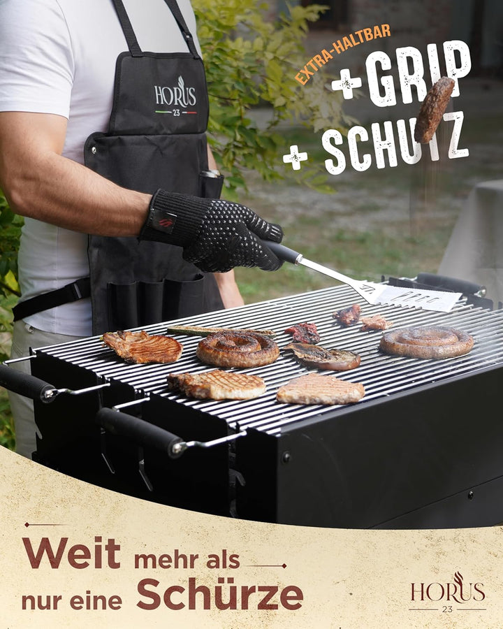 Grill Set mit Grill Zubehör aus Edelstahl, Oxford-Schürze, Hitzeschutzhandschuh und Grillmatte - Ges