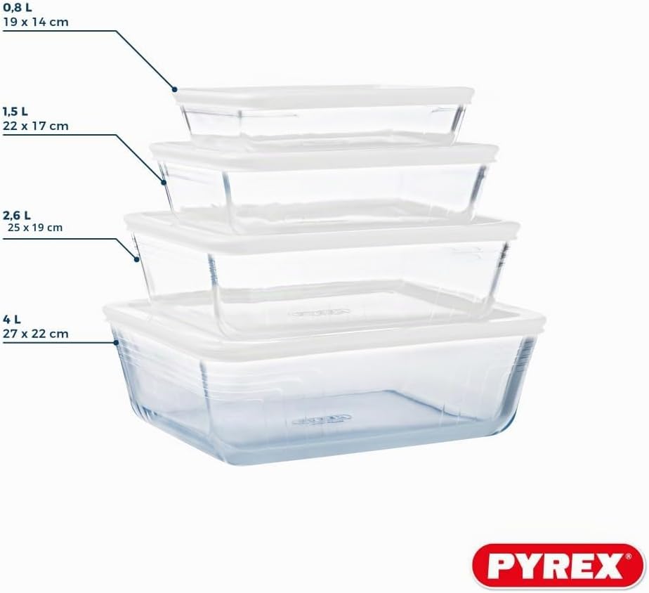 Pyrex® - Cook & Freeze – 4 Glasformen mit luftdichtem Deckel (0,8 l, 1,5 l, 2,6 l, 4 l) – speziell z