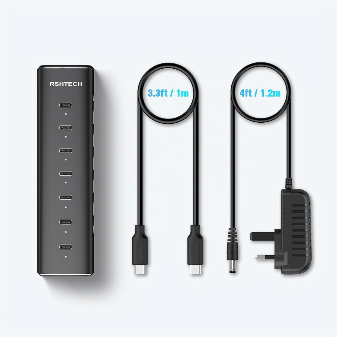 RSHTECH Alle 7 Anschlüsse sind USB-C Hub 3.2 mit Netzteil - Aktiver Verteiler 3.1 - Aktiv Schaltbaer
