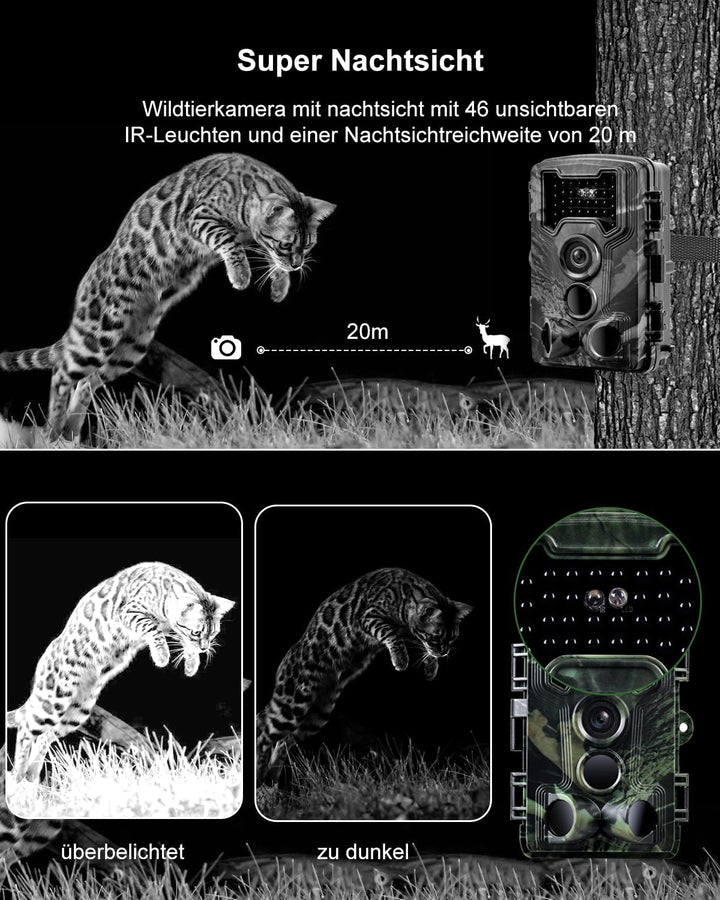 Wildkamera, 2.7K Video Wildtierkamera mit Bewegungsmelder, 0,1s Auslösezeit Wildcamera Jagdkamera Te