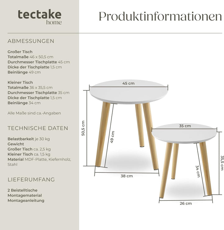 tectake® 2er Set Beistelltisch, Couchtisch Holz rund, Beistelltische als Tisch für Wohnzimmer, Jugen