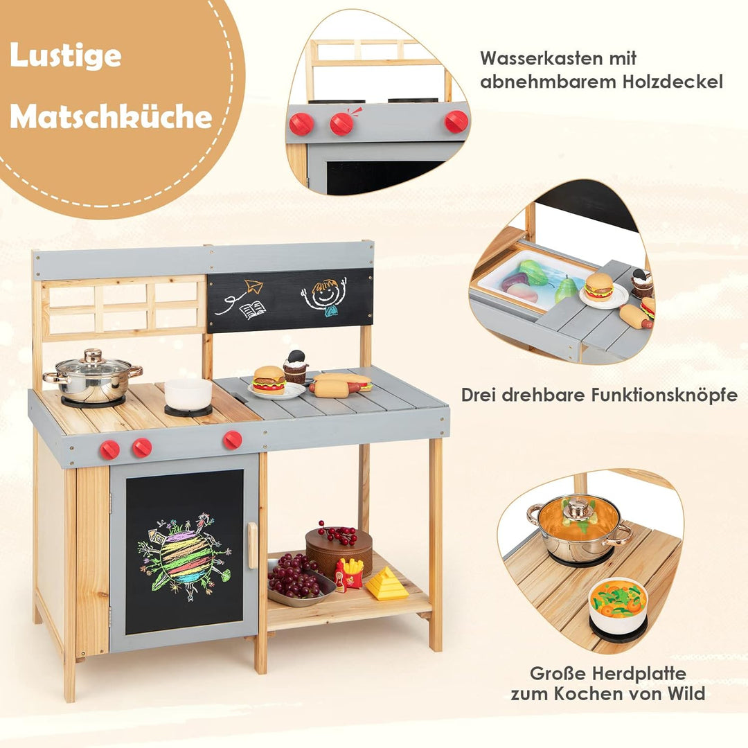 GOPLUS Kinderküche aus Massivholz, Stabile Matschküche mit Wasserbecken & Kreidetafel, Küche Spielse
