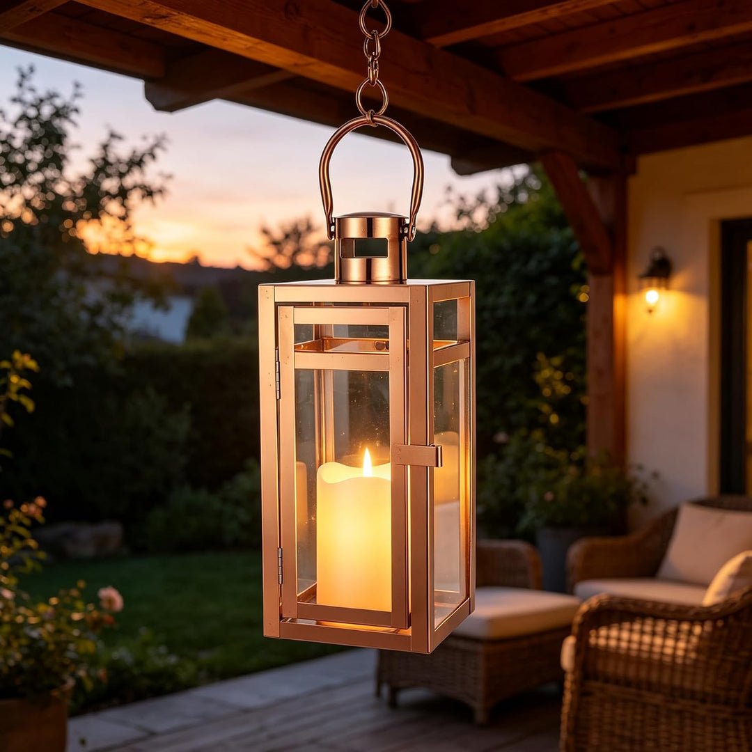TRIROCKS Edelstahl Kerze Laterne 30,5cm Hoch Glas Hängende Kerzenständer Windlicht für Hochzeitsgesc