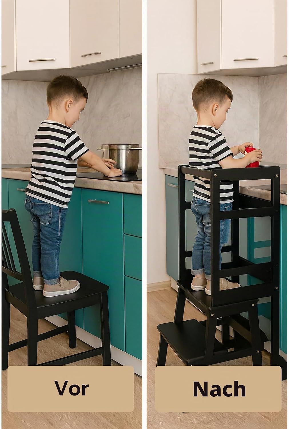 Lernturm ab 2 Jahren, Höhenverstellbare Montessori Trittleiter, Klappbarer Küchenhelfer & Sichere St