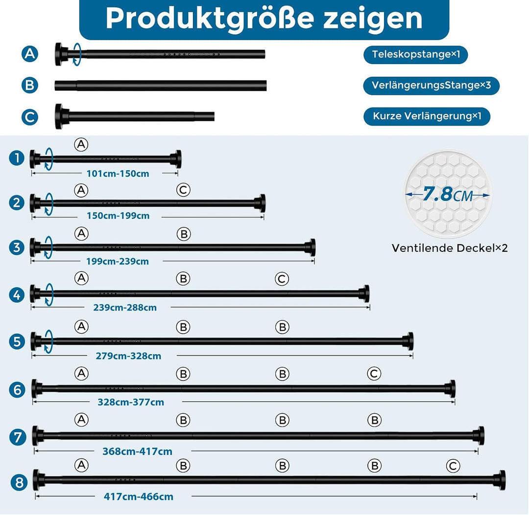AIZESI 1 Stück Gardinenstange ohne Bohren 105-465cm Teleskopstange Vorhang Verstellbare Gardinenstan