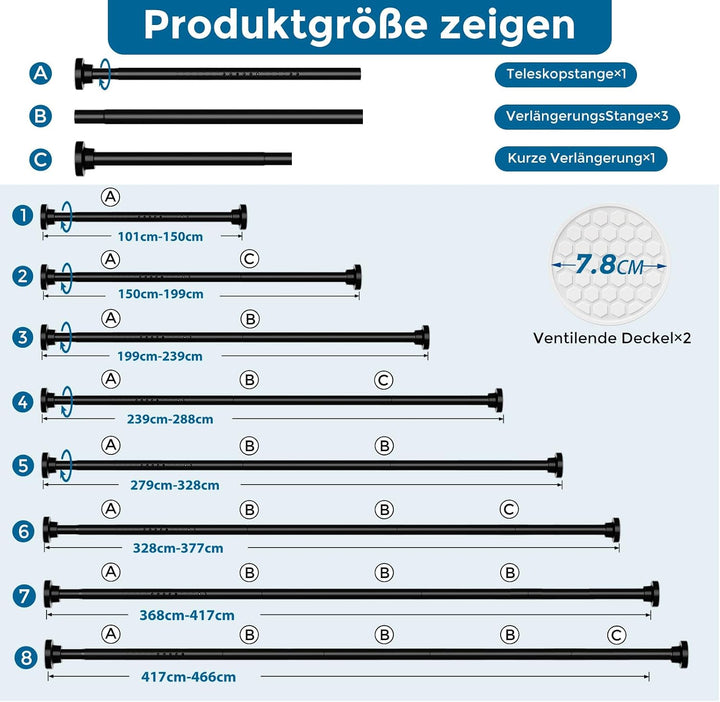 AIZESI 1 Stück Gardinenstange ohne Bohren 105-465cm Teleskopstange Vorhang Verstellbare Gardinenstan