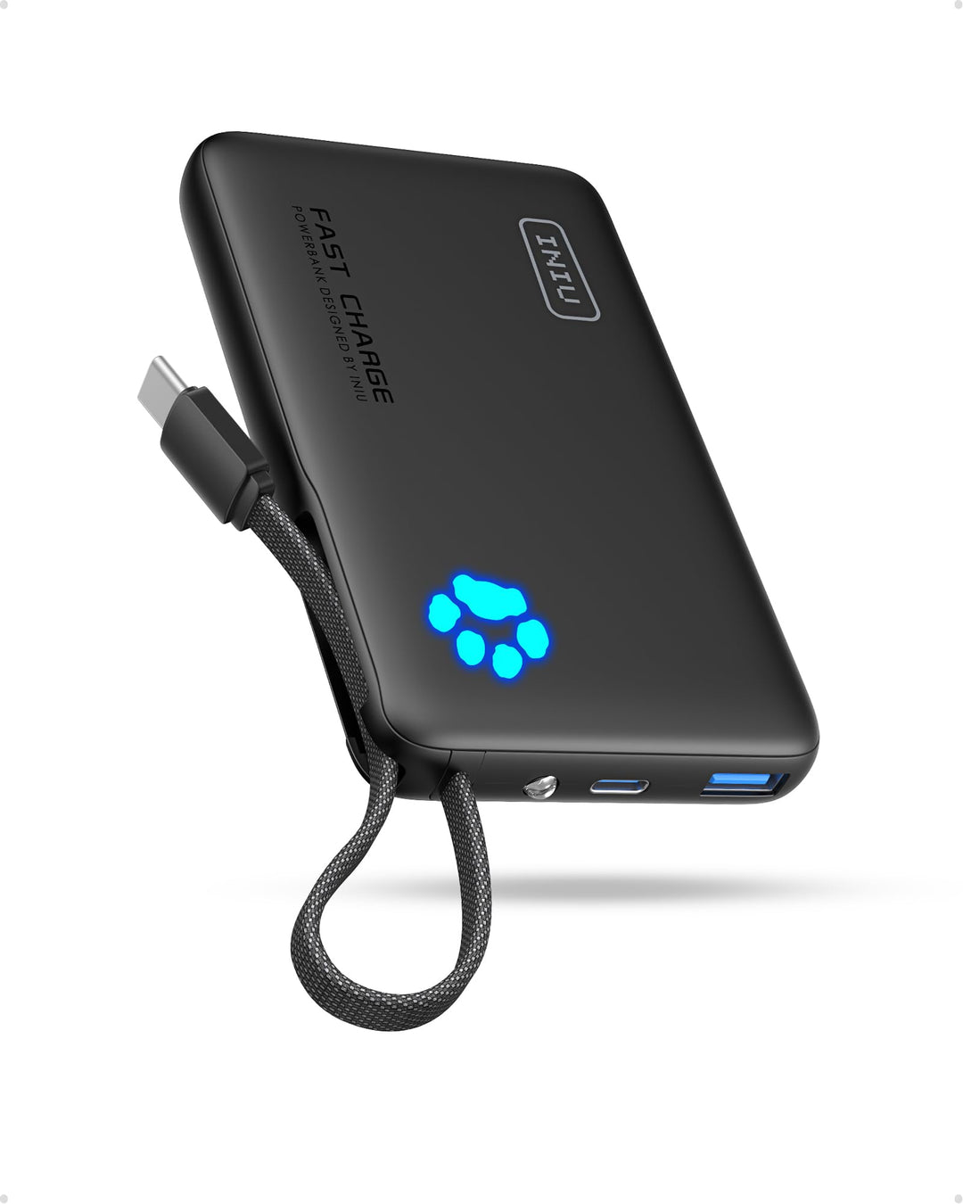 INIU 45W Power Bank, Mini-Grösse 10000mAh PowerBank mit Integriertem USB-C Kabel, Schnellladen Exter