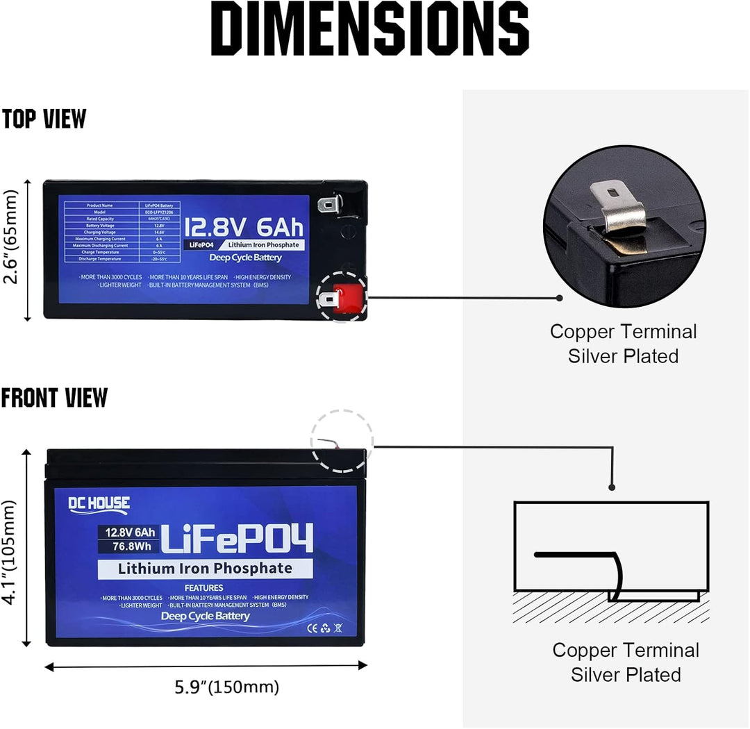 DCHOUSE 12V 6Ah LiFePO4 wiederaufladbarer Lithium-Akku mit 3000+ tiefen Zyklen und BMS Schutz für So