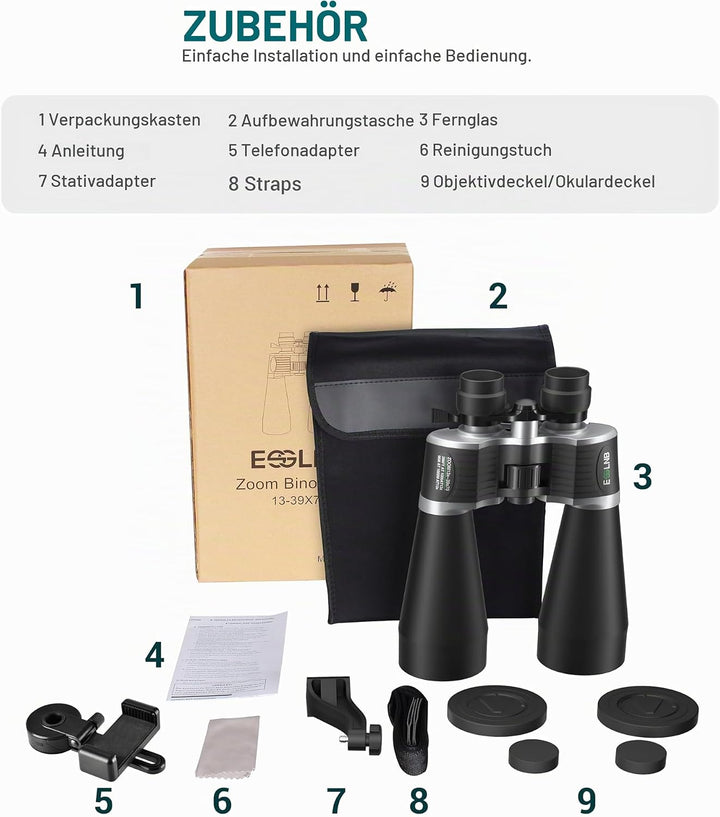 ESSLNB Zoom-Ferngläser 13-39x70 für Sternbeobachtung, mit Smartphone-Adapter, Stativadapter &amp; Aufbew