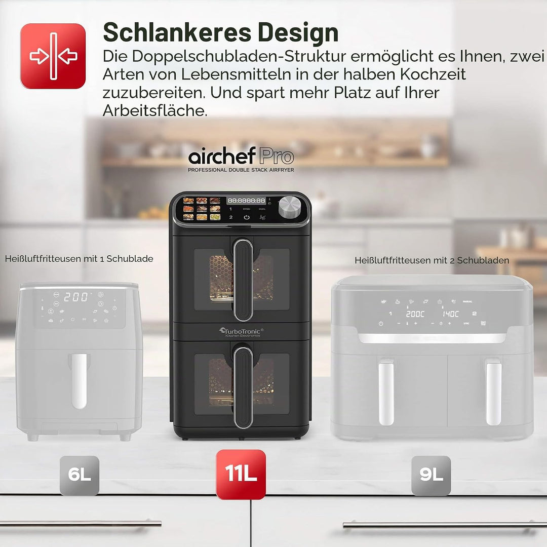 TurboTronic Heissluftfritteuse XXL – 11 L vertikale Doppelkammer Heissluftfritteuse 2 × 5,5 L DualZo