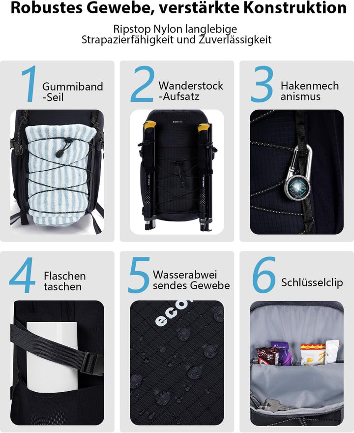 ECOHUB Leichter Atmungsaktiver Wanderrucksack mit Vielen Fächern aus PET Schwarz, Schwarz