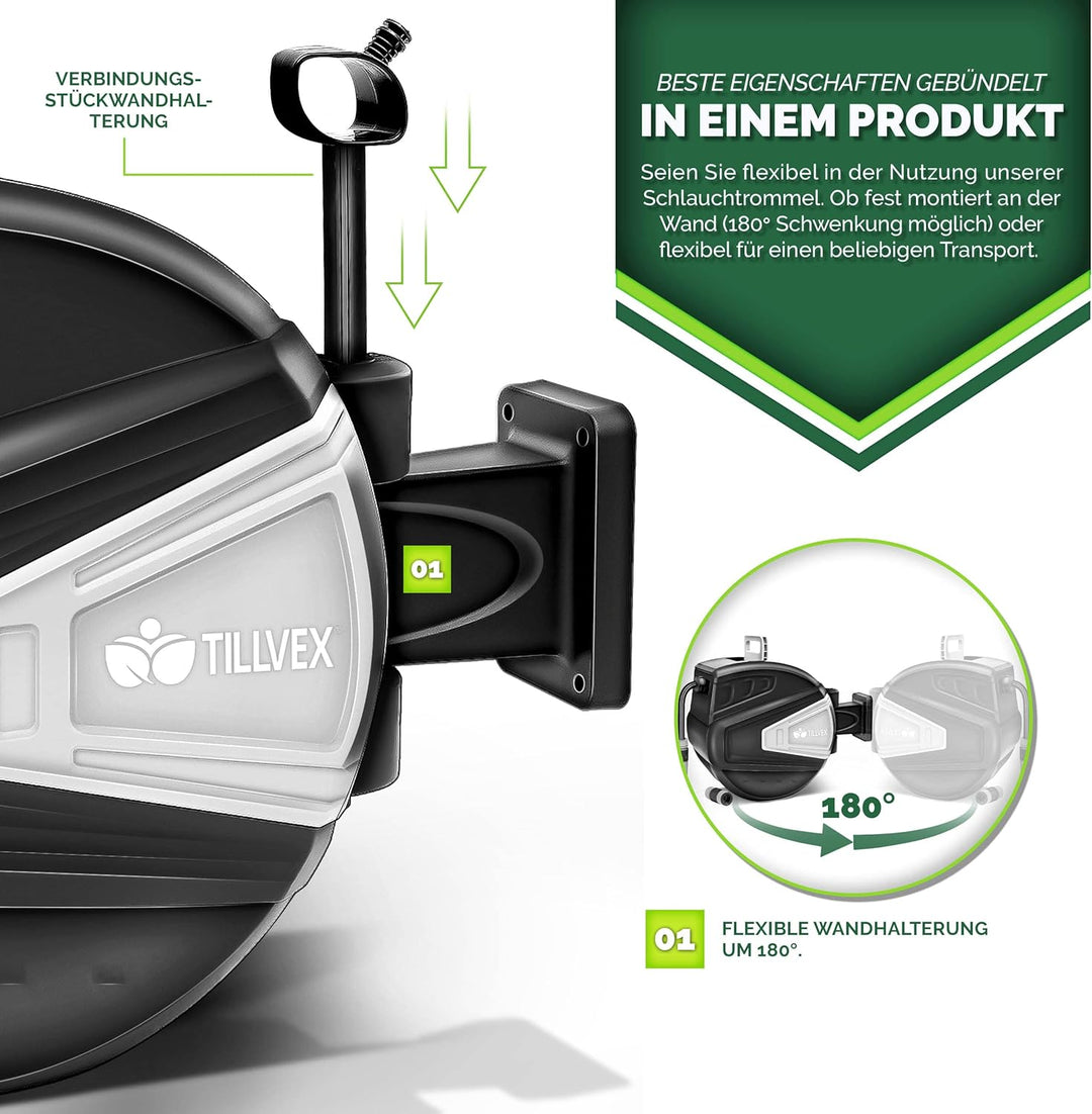 tillvex Schlauchtrommel Wasser mit Wandhalterung + Tragegriff | Schlauchaufroller mit Handbrause und