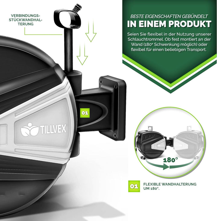 tillvex Schlauchtrommel Wasser mit Wandhalterung + Tragegriff | Schlauchaufroller mit Handbrause und