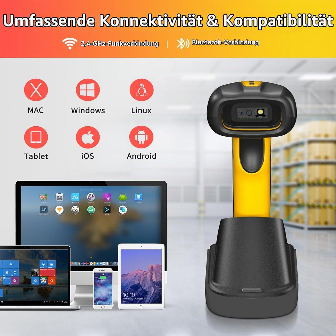 NETUM Upgraded QR Industrial Bluetooth Barcode Scanner mit Ladedock, Wireless 2D 1D Barcode Reader 2