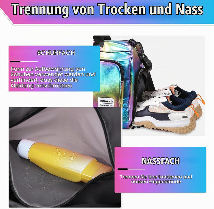 Sporttasche Damen Reisetasche mit Schuhfach und Nassfach, Wasserdicht Schwimmtasche Frauen Glitzer G