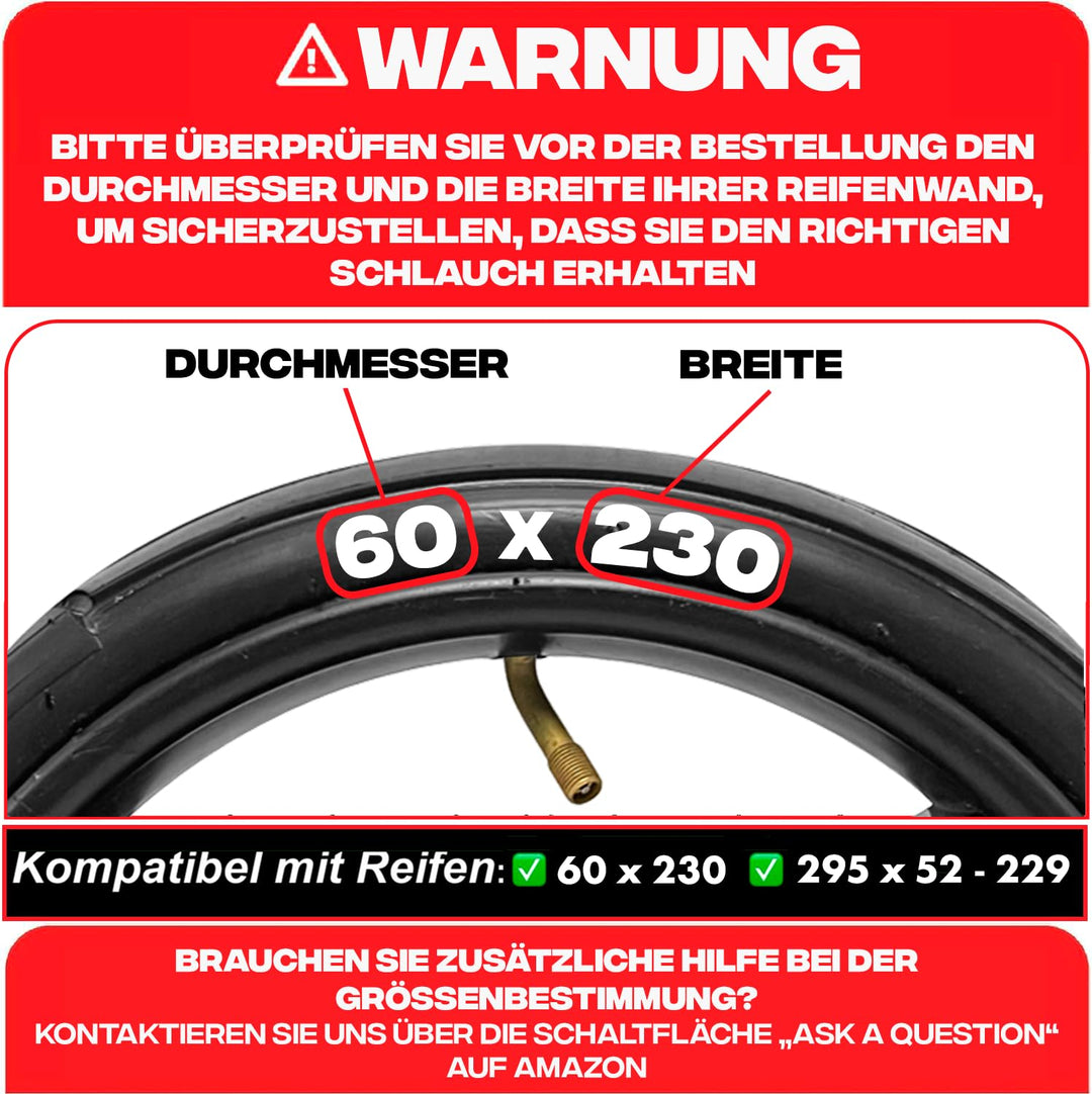 60 x 230 Kinderwagen Schlauch 12 Zoll 295 x 52-229 Mit Winkelventil 45° | 2 Stück Packung | für Reif