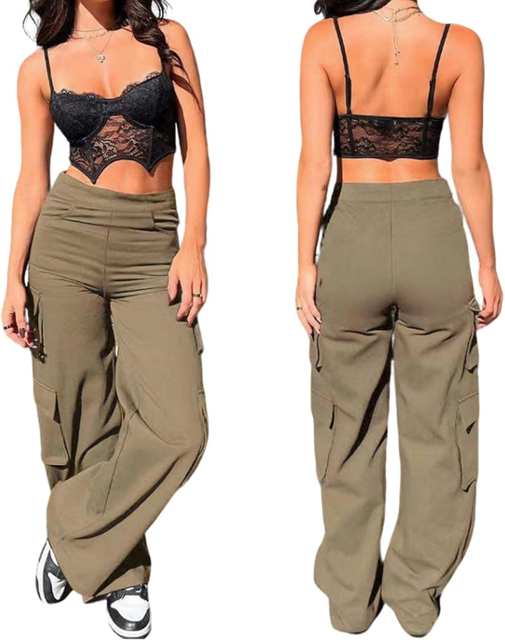 Nuofengkudu Cargohose Damen Weite Hosen Stretch High Waist Cargo Taschen Bootcut Schlaghose Damenhos