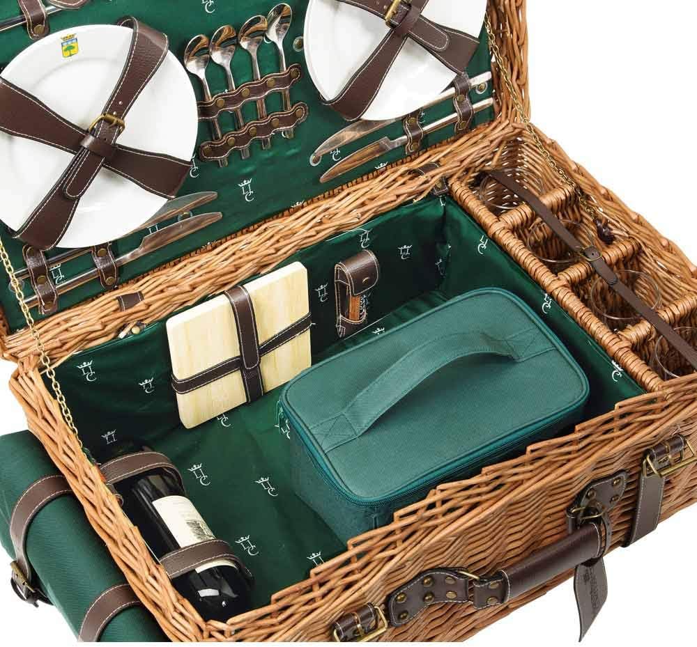 Les Jardins de la Comtesse - Picknickkorb Champs Elysees Grün - Wicker und Leder - Komplett Für 4 Pe