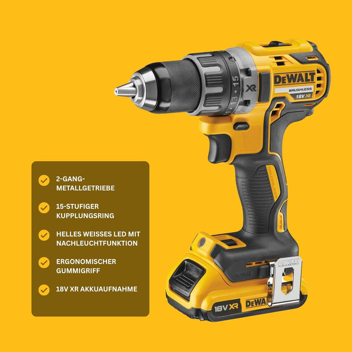 DEWALT Akku-Bohrschrauber / Akkuschrauber (18V, 2.0 Ah, bürstenlos, mit Zwei-Gang-Vollmetallgetriebe