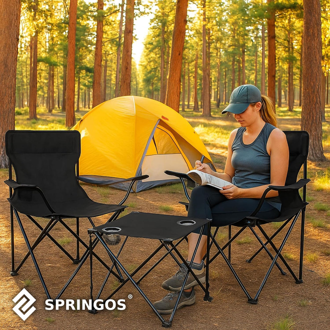 SPRINGOS Campingtisch mit Zwei Klappstühlen Freizeitmöbel Camping-Set 3-TLG. Schwarz, Set 3-tlg, Sch
