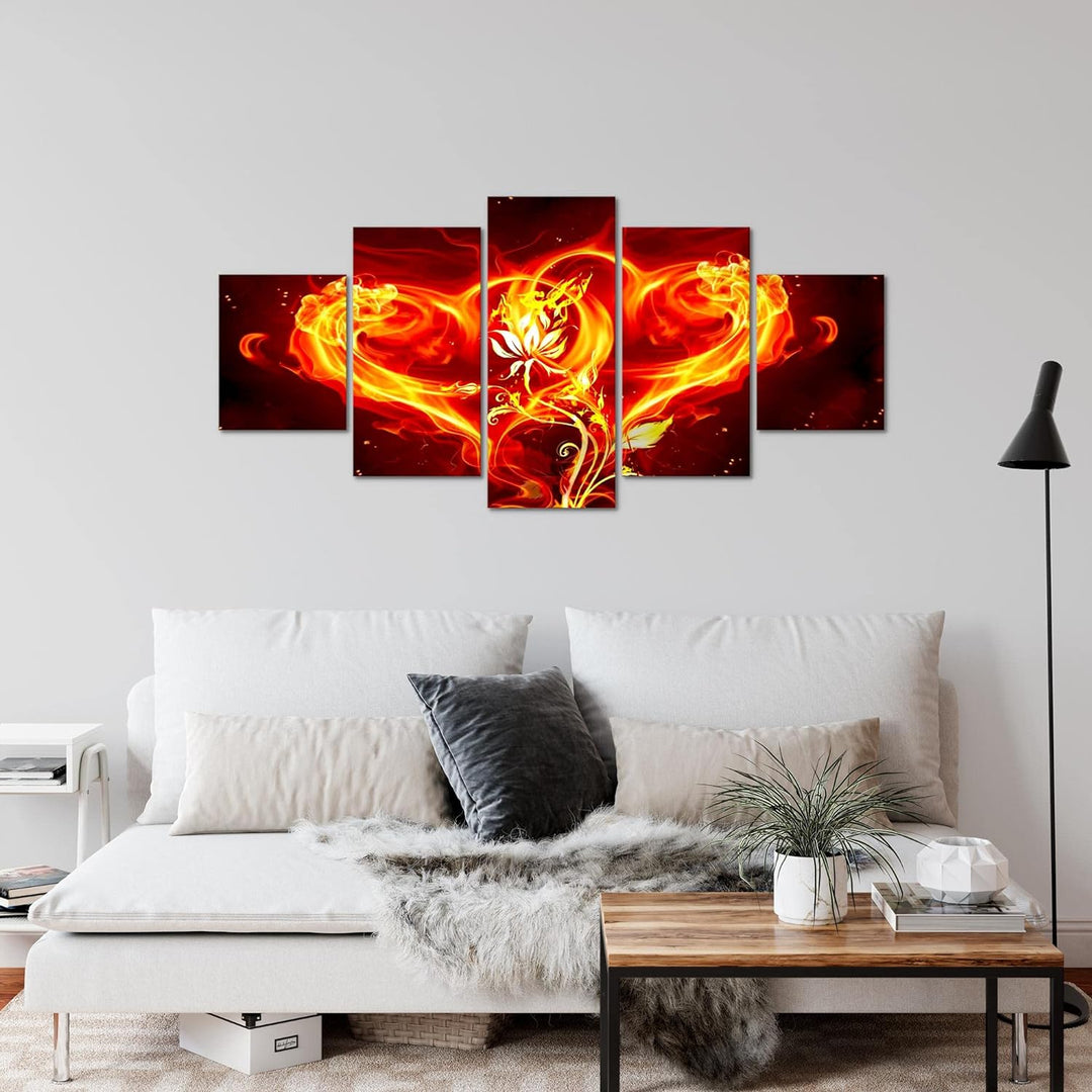 Runa Art Wandbilder Feuer Herz 5 Teilig Bild auf Vlies Leinwand Deko Wohnzimmer Feuerblume Flamme Ro
