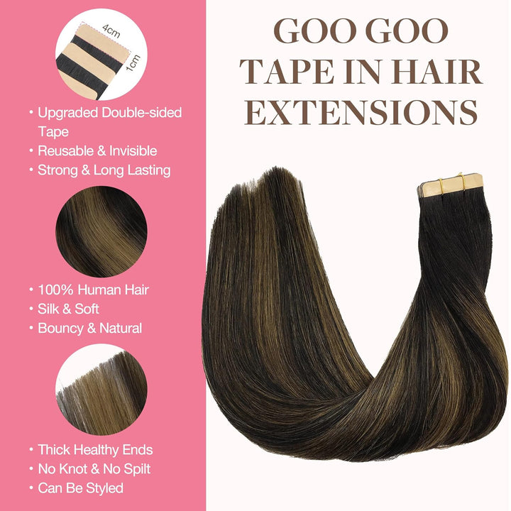 GOO GOO Tape in Extensions Echthaar, Tape Extensions Echthaar, 35cm 25g 10pcs, Haarverlängerung Echt