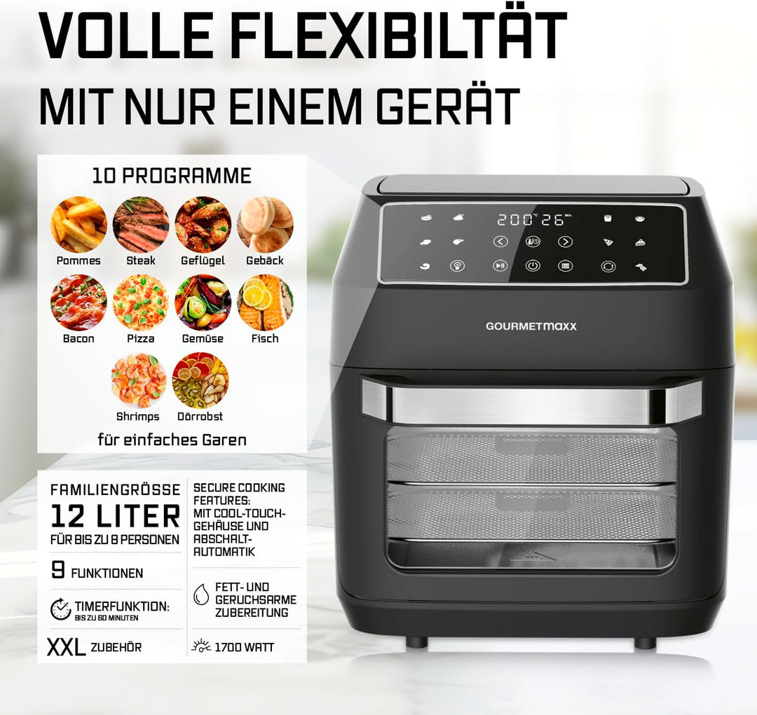GOURMETmaxx Heissluftfritteuse 12 L Airfryer | Fritteuse mit 9 Funktionen, Touchdisplay, Dreh- & Sch
