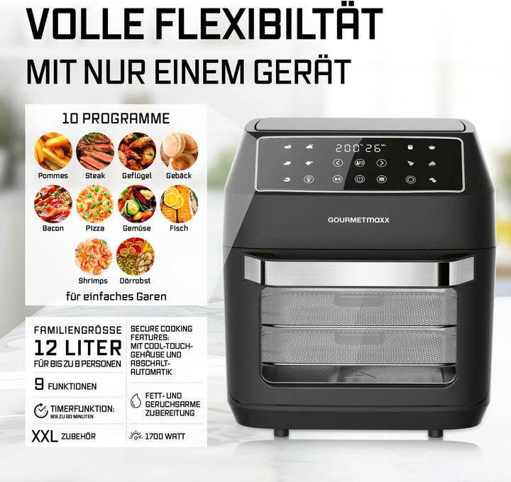 GOURMETmaxx Heissluftfritteuse 12 L Airfryer | Fritteuse mit 9 Funktionen, Touchdisplay, Dreh- & Sch