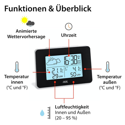 ADE Digitale Wetterstation Funk mit Aussensensor | Innen und Aussentemperatur | Luftfeuchtigkeitsmes