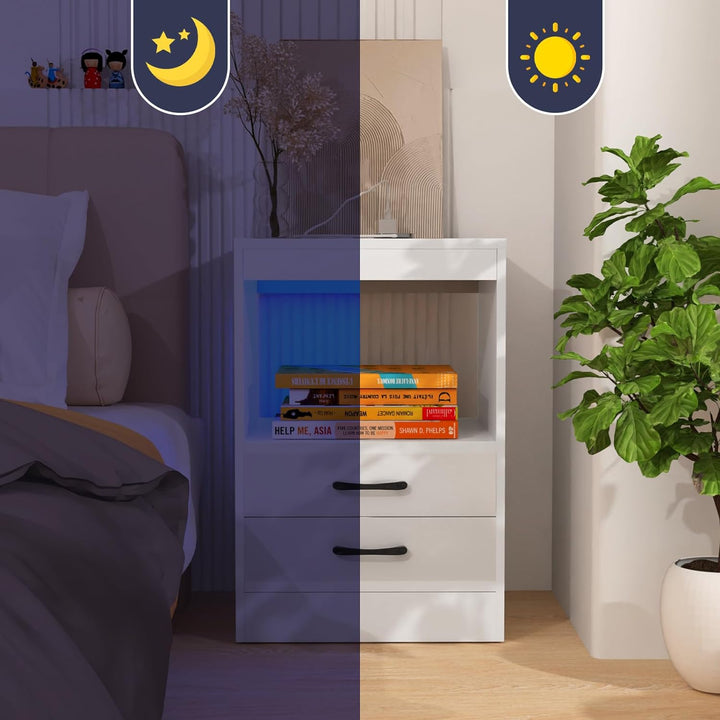 PIPIPOXER 2er Set Nachttisch mit Steckdose & USB, Nachttisch Weiss Nachtschrank Hochglanz Nachtkommo