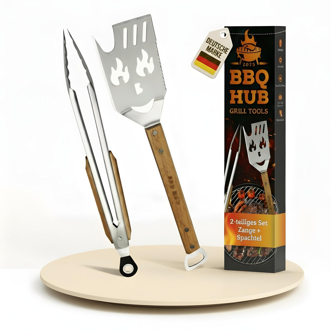 BBQ Hub Grillspachtel/Grillspatel Set 7-in-1 aus Edelstahl mit Holzgriff inkl. Grillzange – multifun