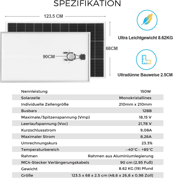 150W Solarpanel Kit Set 12V Monokristallines Solarmodul 150Watt Mit 30A 12V/24V Solarladeregler + So