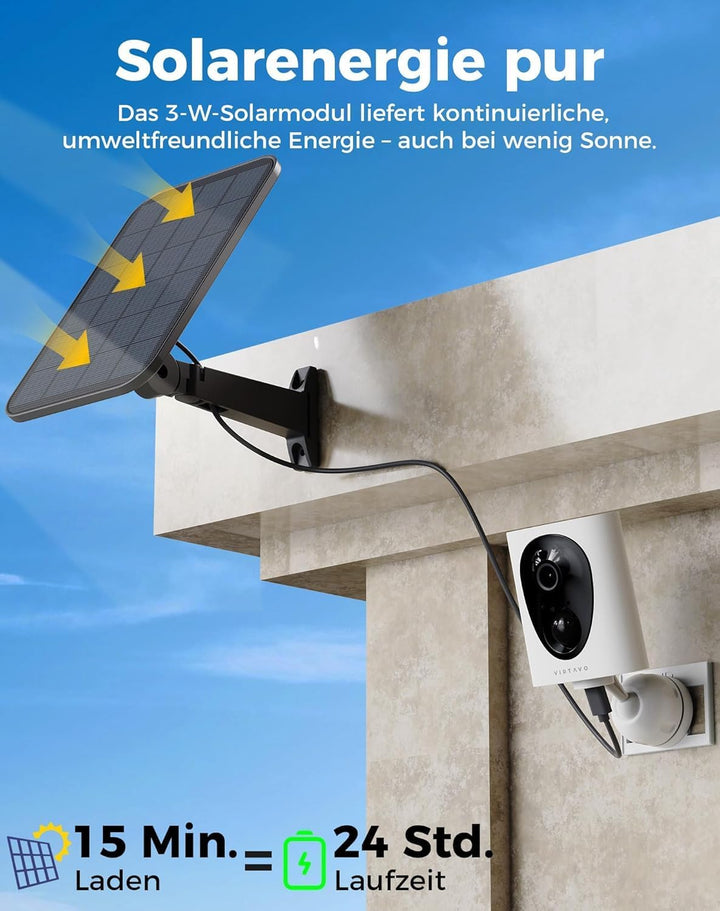 VIRTAVO 2K 3MP Überwachungskamera Aussen Solar, Kamera Aussen Akku, Starlight Farb‑Nachtsicht, 2.4GH