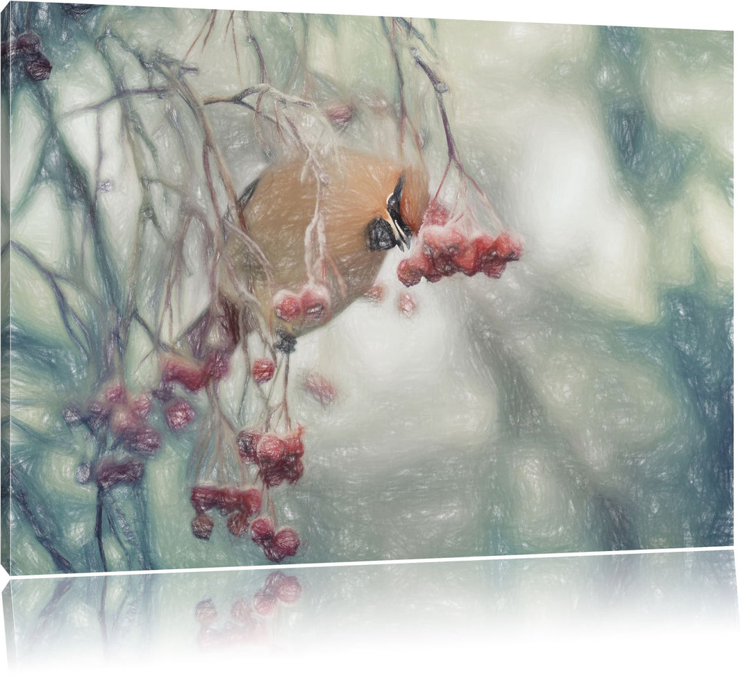 Pixxprint Kleiner Vogel im Vogelbeerbaum Bunstift Effekt, Format: 100x70 auf Leinwand, XXL riesige B