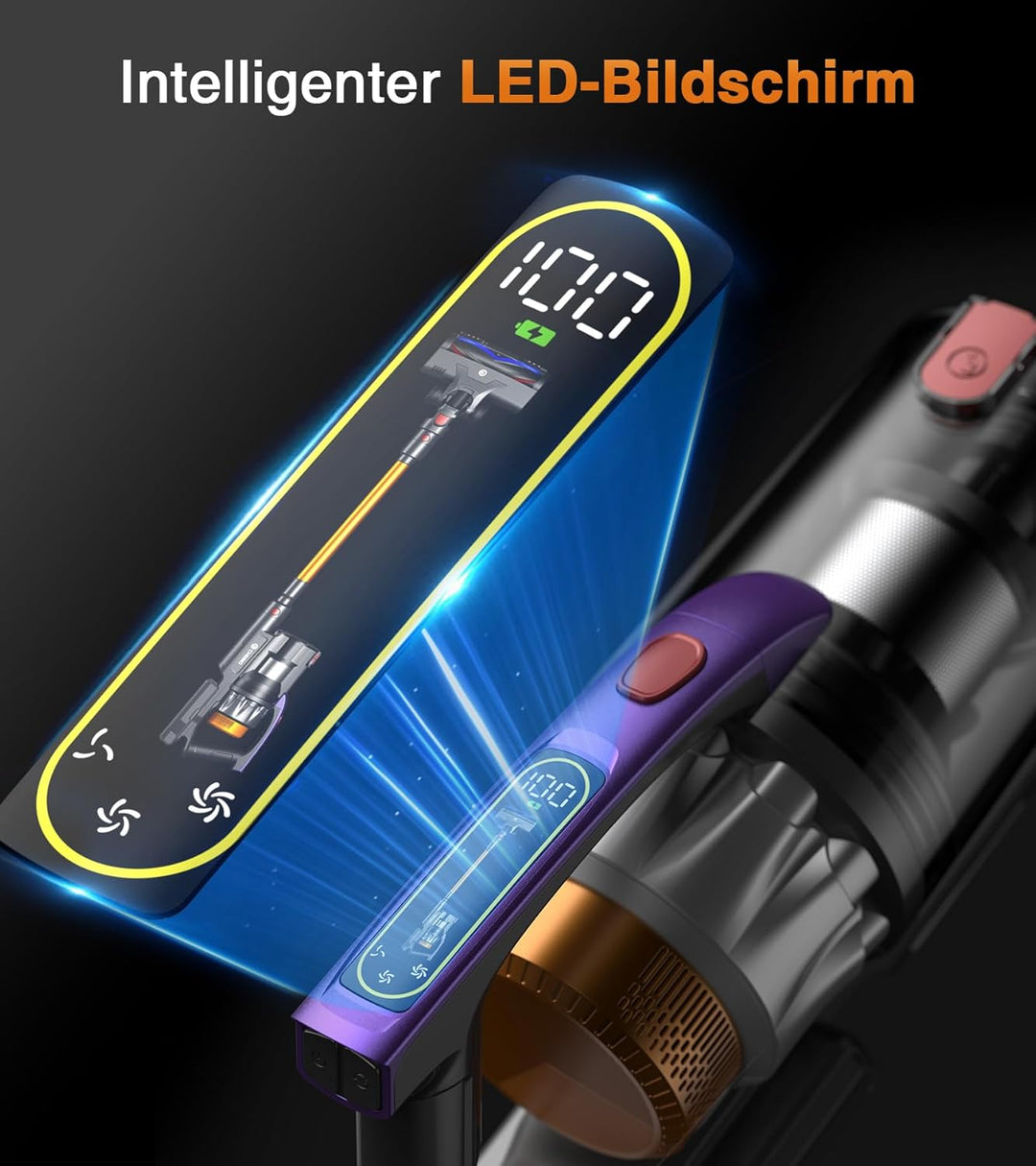 CHEBIO Akku Staubsauger 50000Pa/600W/75Min, 1.8L Staubsauger Kabellos mit Freistehender, LED Display