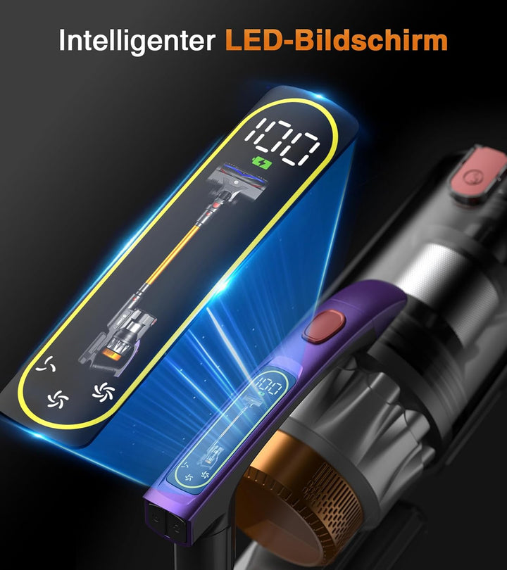 CHEBIO Akku Staubsauger 50000Pa/600W/75Min, 1.8L Staubsauger Kabellos mit Freistehender, LED Display