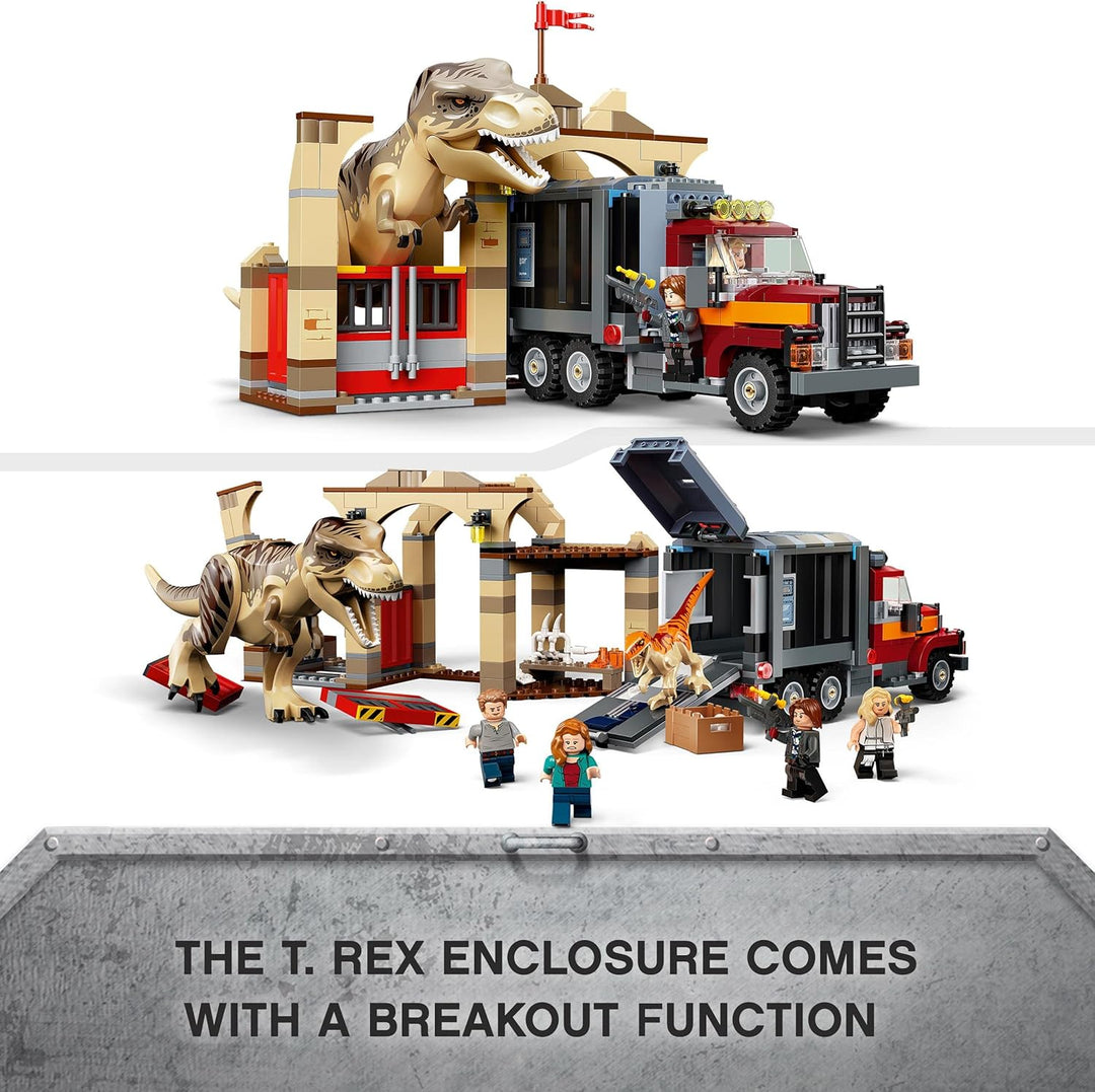 LEGO 76948 Jurassic World T. Rex & Atrociraptor: Dinosaurier-Ausbruch, Set mit LKW und 4 Minifiguren