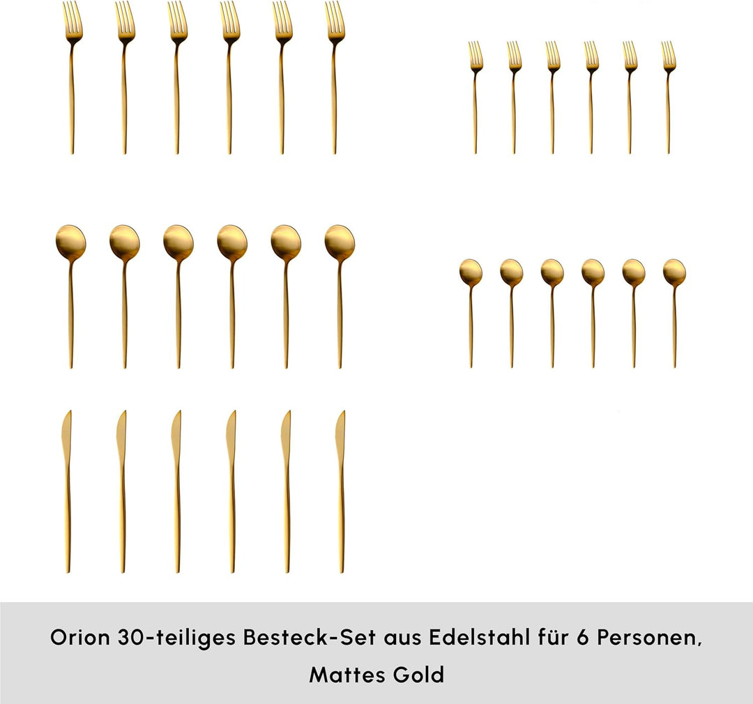 Karaca Orion Bestecksets - Edelstahl Besteck Set für 6 Personen, Gold Besteckset 30-teilig Messer Ga
