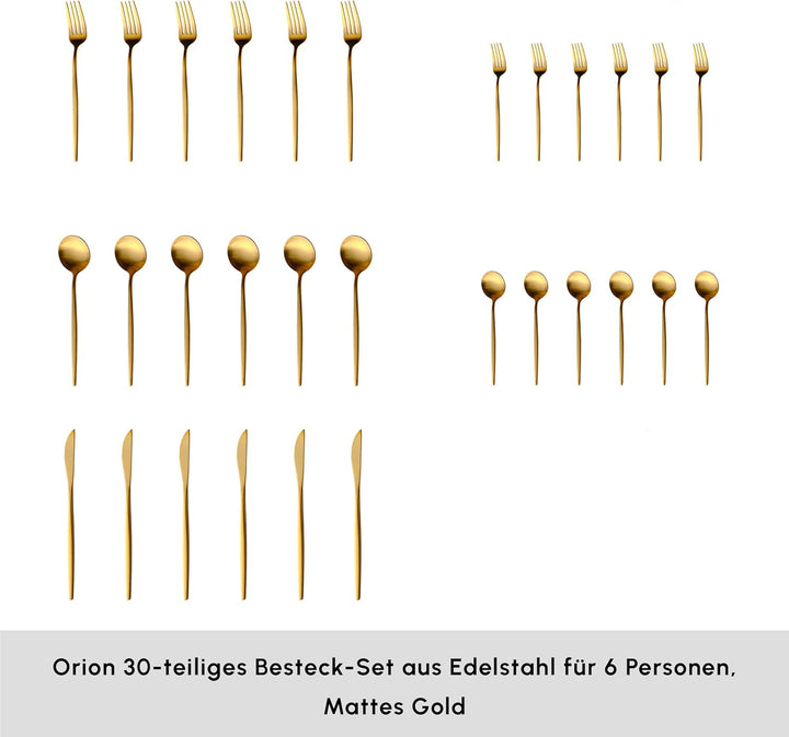Karaca Orion Bestecksets - Edelstahl Besteck Set für 6 Personen, Gold Besteckset 30-teilig Messer Ga