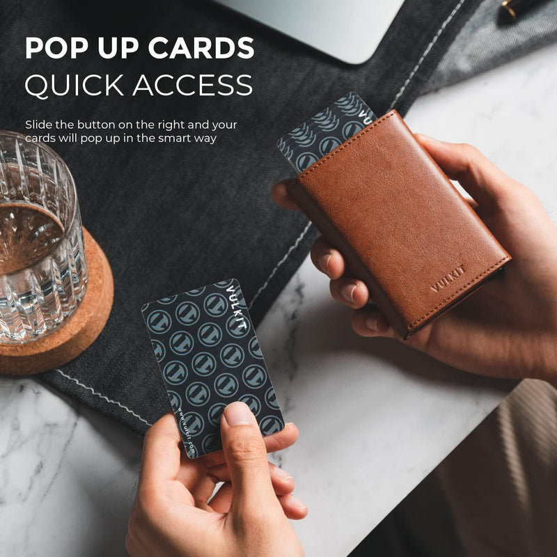 VULKIT Kreditkartenetui RFID-blockierende Pop-Up-Kartentasche aus Echtem Leder mit Geldscheinfach, A