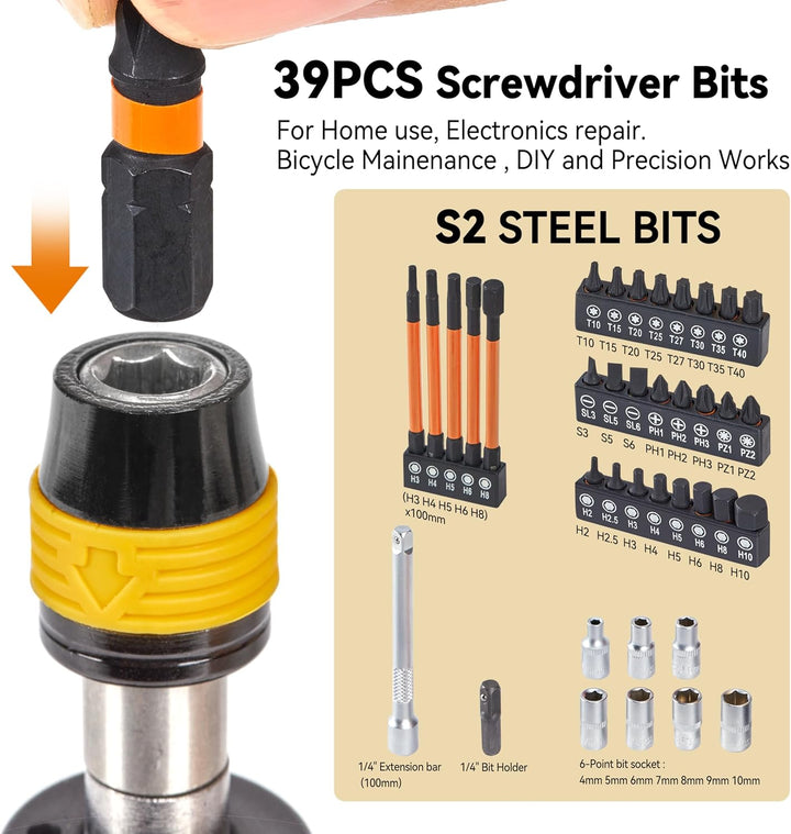 Schraubendreher Set 39-tlg., Drehmoment Schraubendreher klein 1/4 Zoll mit Bitsatz, Einstellbar von