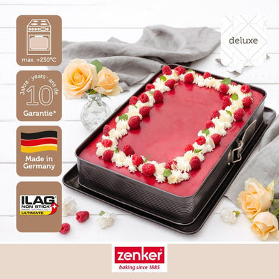 Zenker 7022 Rechteck-Springform DELUXE, eckige Premium-Backform mit emailliertem Boden und Auslaufsc