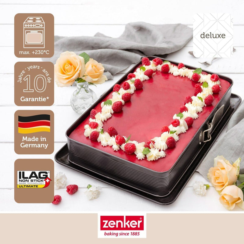 Zenker 7022 Rechteck-Springform DELUXE, eckige Premium-Backform mit emailliertem Boden und Auslaufsc