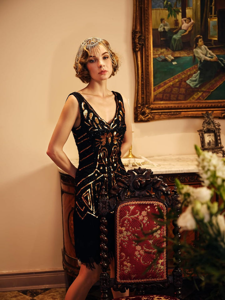 BABEYOND Damen Flapper V-Ausschnitt Kleid Cocktailkleid XXL Schwarz, XXL Schwarz