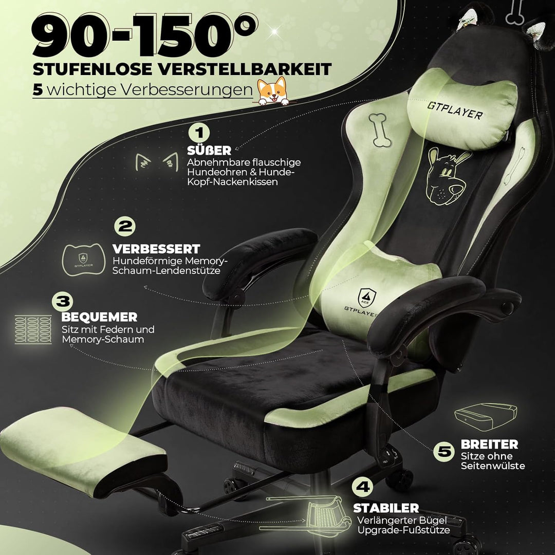 GTPLAYER Niedlicher Gaming Stuhl mit Samtstoff, Gaming Chair, ergonomischer Bürostuhl Gamer Stuhl mi