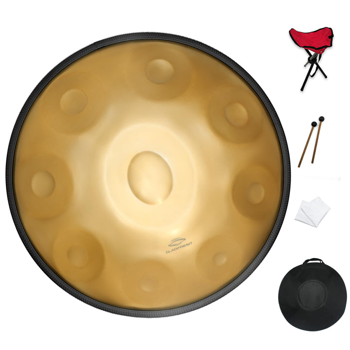 GLADFRESIT 432hz Handpan Steel Drum 9 Notes 22inch "GOLD Performer" in D Minor with handpan stand, h
