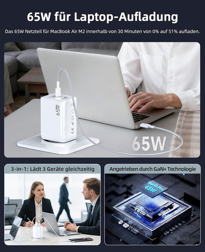USB C Ladegerät 65W 3-Port,USB-C Netzteil Charger PPS 60W Schnellladegerät PD Ladestecker, kompatibe