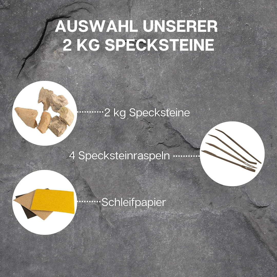 artdee® Speckstein 2kg Set mit (Schleifpapier und 4 Specksteinraspeln) – Werkzeug zum Schnitzen und