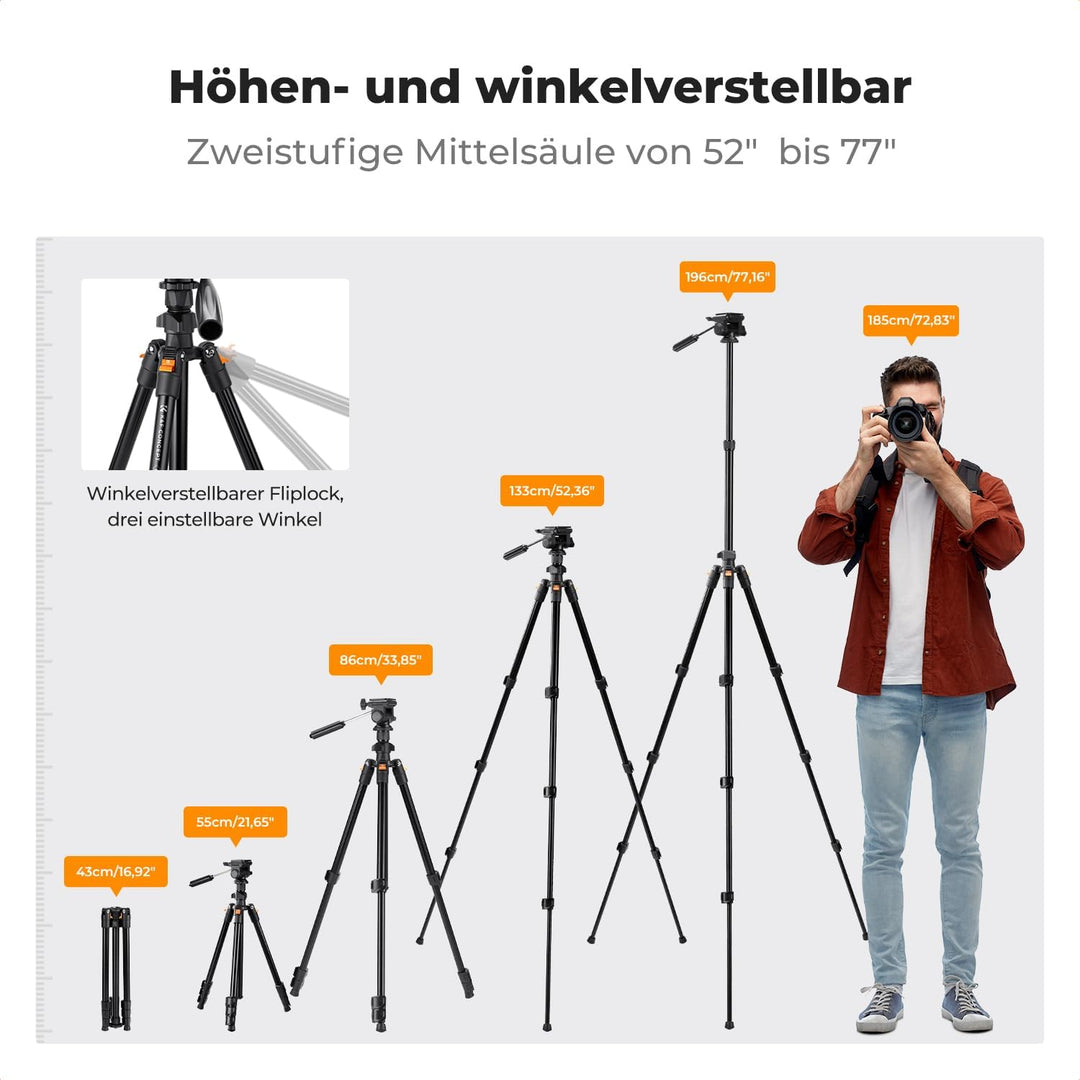 K&F CONCEPT 196cm Kamera Stativ,Videostativ, Neues Leichtes Reisestativ, Tripod mit 3-Wege-Kopf, Alu