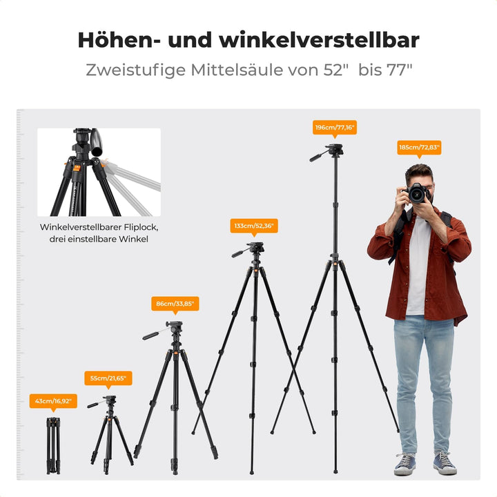 K&F CONCEPT 196cm Kamera Stativ,Videostativ, Neues Leichtes Reisestativ, Tripod mit 3-Wege-Kopf, Alu